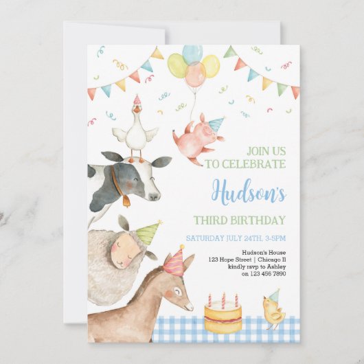ファームアニマルズブルー納屋周囲の庭ガールボーイ男の子の誕生日3 招待状 (正面)