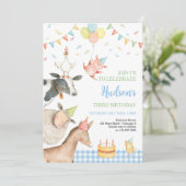 ファームアニマルズブルー納屋周囲の庭ガールボーイ男の子の誕生日3 招待状 (スタンド正面)