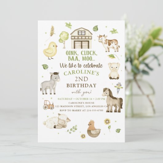ファームアニマルズボーイグリーン納屋周囲の庭誕生日 招待状 (スタンド正面)