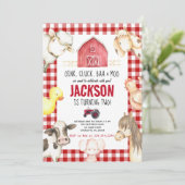 ファームアニマルズボーイレッドジンガム納屋周囲の庭誕生日 招待状 (スタンド正面)