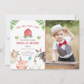 ファームアニマルズボーイレッドジンガム納屋周囲の庭誕生日 招待状 (正面)