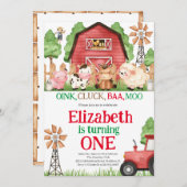 ファームアニマルズボーイ納屋周囲の庭誕生日パーティー 招待状 (正面/裏面)