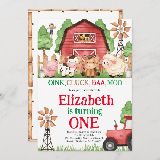 ファームアニマルズボーイ納屋周囲の庭誕生日パーティー 招待状 (正面/裏面)