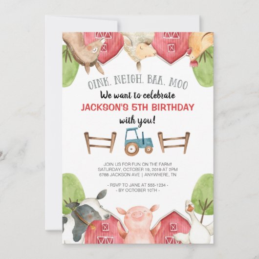 ファームアニマルズボーイ誕生日招待状 招待状 (正面)