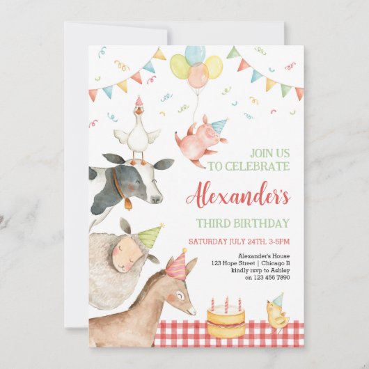 ファームアニマルズレッド納屋周囲の庭ガールボーイ男の子の誕生日3 招待状 (正面)