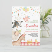 ファームアニマルズレッド納屋周囲の庭ガールボーイ男の子の誕生日3 招待状 (スタンド正面)