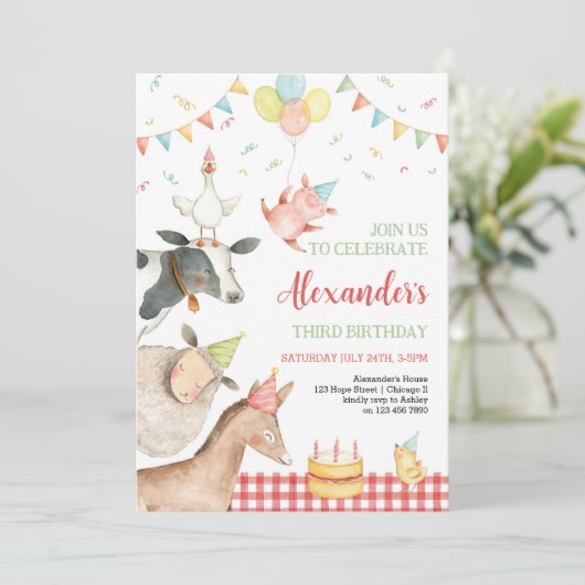 ファームアニマルズレッド納屋周囲の庭ガールボーイ男の子の誕生日3 招待状 (スタンド正面)