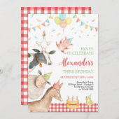 ファームアニマルズレッド納屋周囲の庭ガールボーイ男の子の誕生日3 招待状 (正面/裏面)