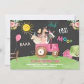 ファームアニマルズ納屋周囲の庭トラクターピンクファームハウスパーティー 招待状 (正面)