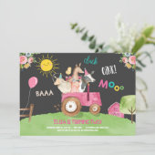 ファームアニマルズ納屋周囲の庭トラクターピンクファームハウスパーティー 招待状 (スタンド正面)