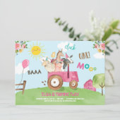 ファームアニマルズ納屋周囲の庭トラクターピンクファームハウスパーティー 招待状 (スタンド正面)