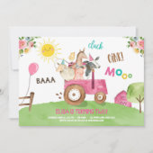 ファームアニマルズ納屋周囲の庭トラクターピンクファームハウスパーティー 招待状 (正面)