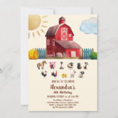 ファームアニマルズ納屋周囲の庭バッシュランチ誕生日パーティー 招待状 (正面)