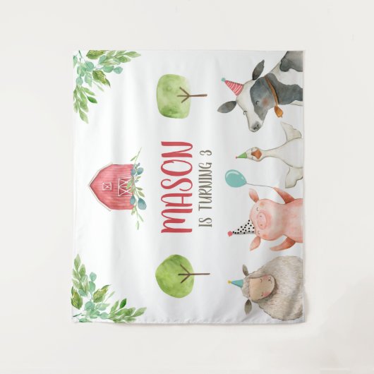 ファームアニマルズ納屋周囲の庭バナーボーイレッド誕生日 タペストリー (正面)