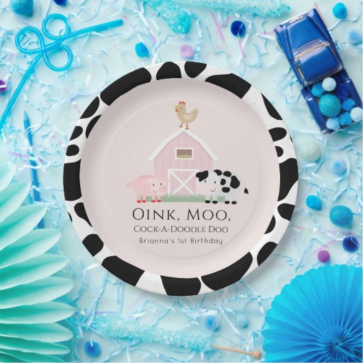 ファームアニマルズ納屋周囲の庭ピンクガール誕生日 ペーパープレート (パーティー)