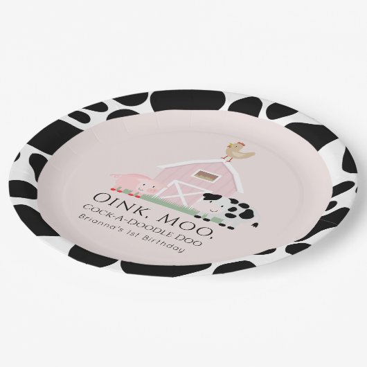 ファームアニマルズ納屋周囲の庭ピンクガール誕生日 ペーパープレート (アングル)