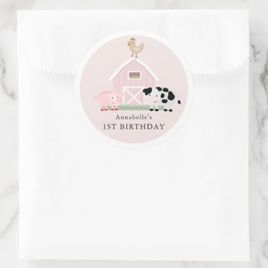 ファームアニマルズ納屋周囲の庭ピンクガール誕生日 ラウンドシール (バッグ)