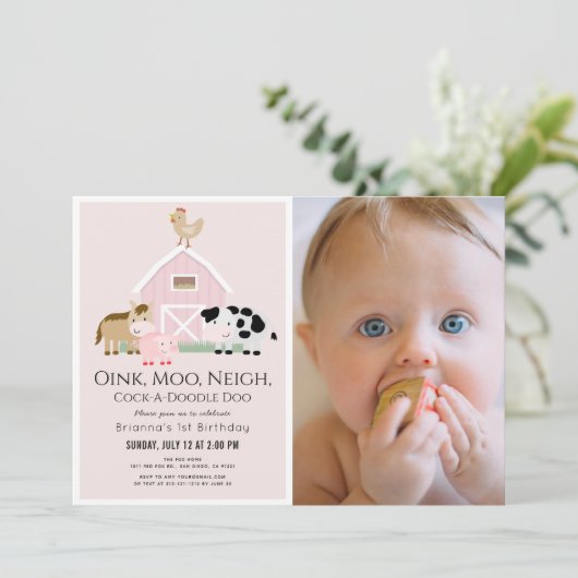 ファームアニマルズ納屋周囲の庭ピンクガール1st誕生日 招待状 (スタンド正面)
