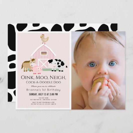 ファームアニマルズ納屋周囲の庭ピンクガール1st誕生日 招待状 (正面/裏面)