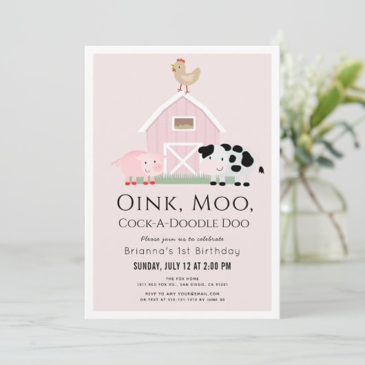 ファームアニマルズ納屋周囲の庭ピンクガール1st誕生日 招待状 (スタンド正面)