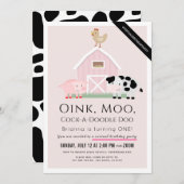 ファームアニマルズ納屋周囲の庭ピンクバーチャル第1誕生日 招待状 (正面/裏面)