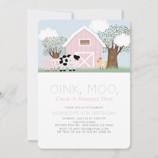 ファームアニマルズ納屋周囲の庭ピンクバーンガール誕生日 招待状 (正面)