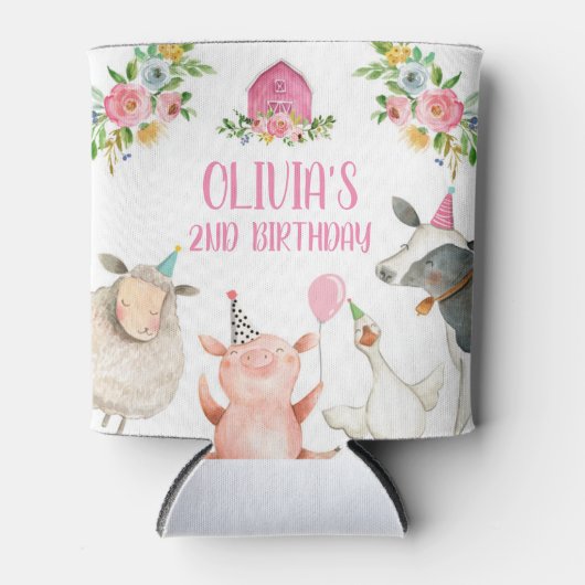 ファームアニマルズ納屋周囲の庭ピンクファームハウスメッセージカード 缶クーラー (正面)