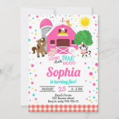 ファームアニマルズ納屋周囲の庭ピンクプレイドガール誕生日 招待状 (正面)