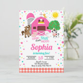 ファームアニマルズ納屋周囲の庭ピンクプレイドガール誕生日 招待状 (スタンド正面)