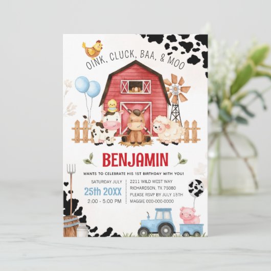 ファームアニマルズ納屋周囲の庭ファーム誕生日招待状 招待状 (スタンド正面)