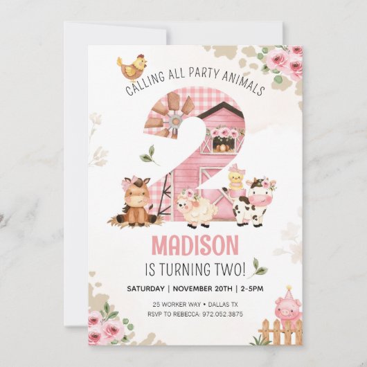ファームアニマルズ納屋周囲の庭ファーム誕生日招待状 招待状 (正面)