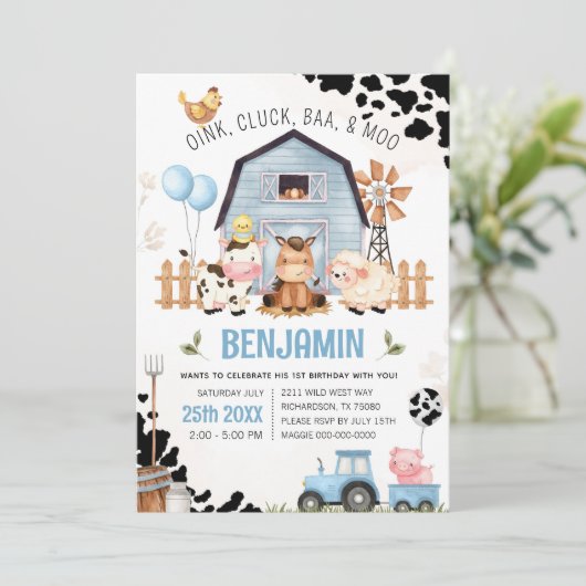 ファームアニマルズ納屋周囲の庭ファーム誕生日招待状 招待状 (スタンド正面)