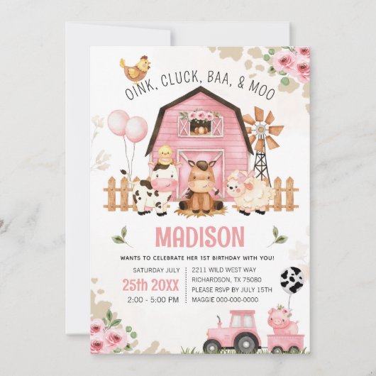 ファームアニマルズ納屋周囲の庭ファーム誕生日招待状 招待状 (正面)