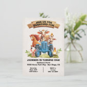 ファームアニマルズ納屋周囲の庭ブルートラクター誕生日 招待状 (スタンド正面)