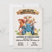 ファームアニマルズ納屋周囲の庭ブルートラクター誕生日 招待状 (正面)