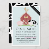 ファームアニマルズ納屋周囲の庭ブルーバーチャル1st誕生日 招待状 (正面/裏面)