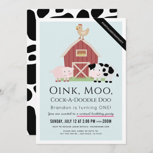 ファームアニマルズ納屋周囲の庭ブルーバーチャル1st誕生日 招待状 (正面/裏面)