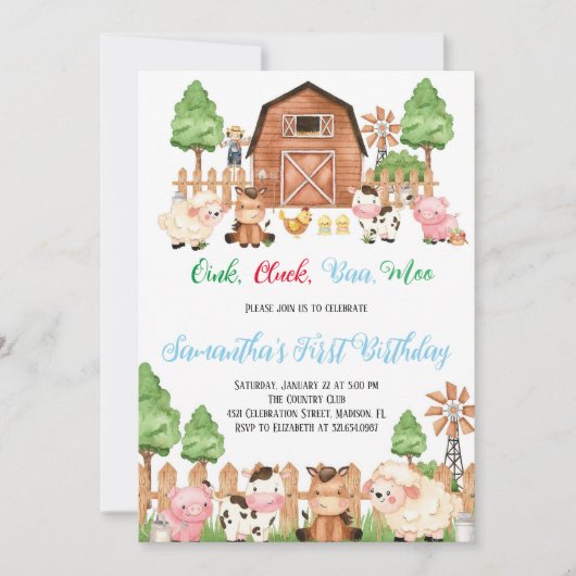 ファームアニマルズ納屋周囲の庭ブルーボーイバースデーパーティー 招待状 (正面)