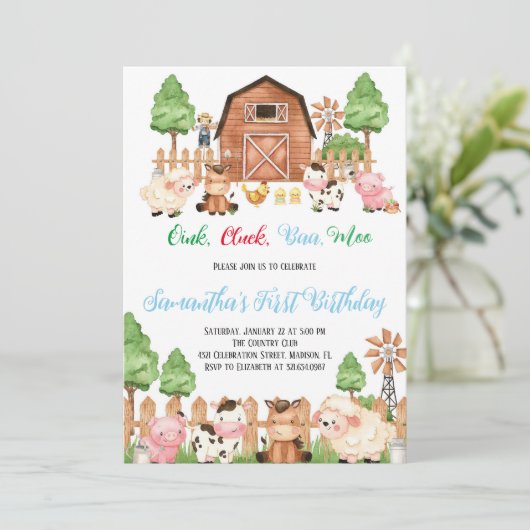 ファームアニマルズ納屋周囲の庭ブルーボーイバースデーパーティー 招待状 (スタンド正面)