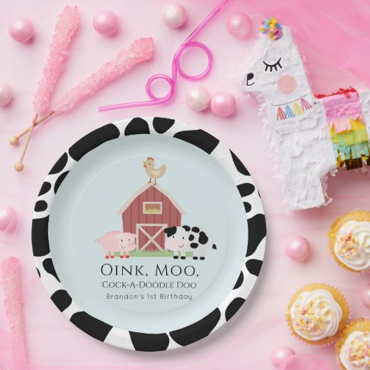 ファームアニマルズ納屋周囲の庭ブルーボーイ誕生日 ペーパープレート (パーティー)