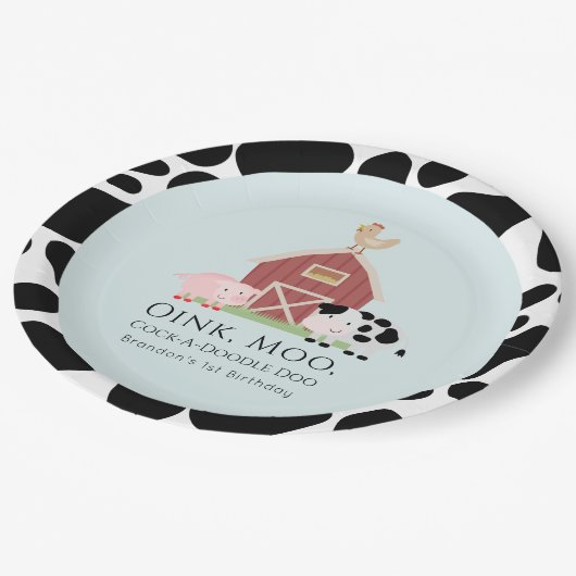 ファームアニマルズ納屋周囲の庭ブルーボーイ誕生日 ペーパープレート (アングル)