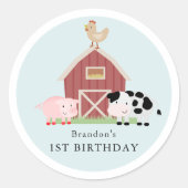 ファームアニマルズ納屋周囲の庭ブルーボーイ誕生日 ラウンドシール (正面)