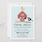 ファームアニマルズ納屋周囲の庭ブルーボーイ1st誕生日 招待状 (正面)