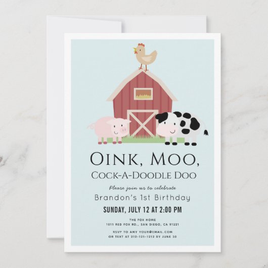 ファームアニマルズ納屋周囲の庭ブルーボーイ1st誕生日 招待状 (正面)