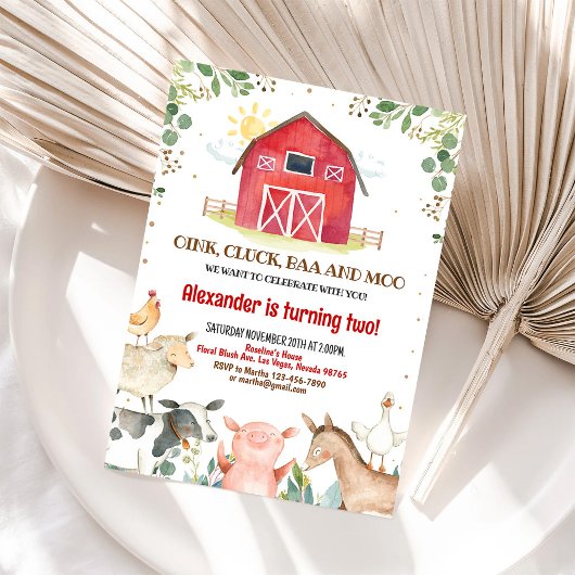 ファームアニマルズ納屋周囲の庭ボーイバーンパーティー誕生日 招待状
