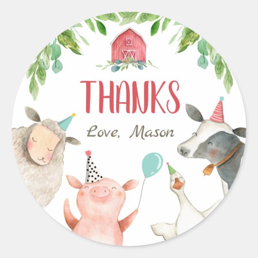 ファームアニマルズ納屋周囲の庭ボーイ誕生日メッセージカード ラウンドシール (正面)