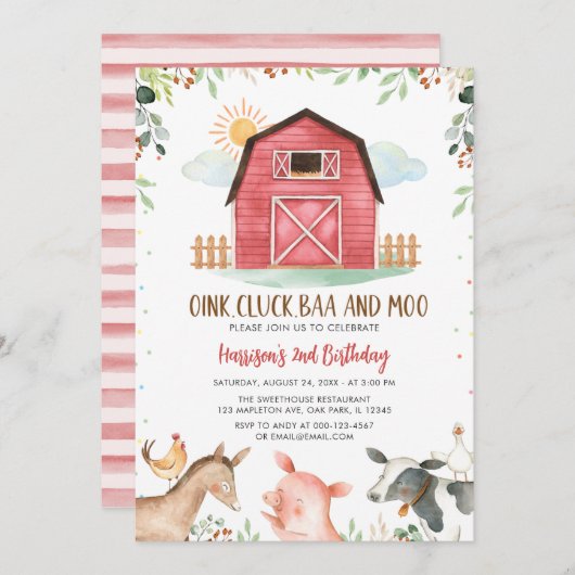ファームアニマルズ納屋周囲の庭ボーイ誕生日 招待状 (正面/裏面)