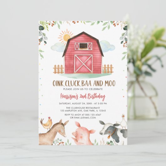 ファームアニマルズ納屋周囲の庭ボーイ誕生日 招待状 (スタンド正面)