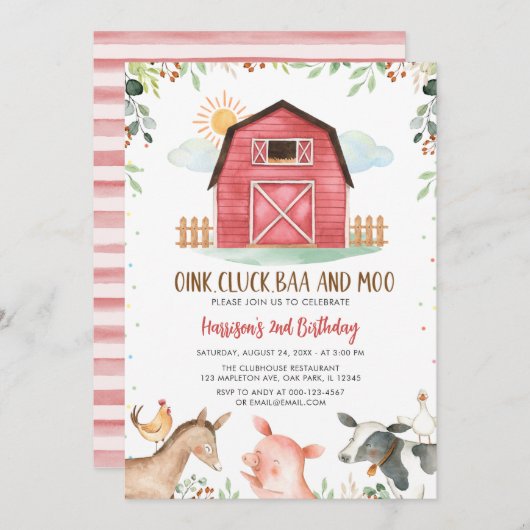 ファームアニマルズ納屋周囲の庭ボーイ誕生日 招待状 (正面/裏面)