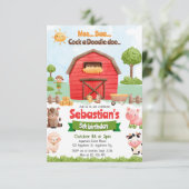 ファームアニマルズ納屋周囲の庭レッドトラクター誕生日 招待状 (スタンド正面)